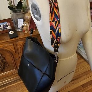 BROMEN black shoulder bucket bag. Colorful strap. Great condition